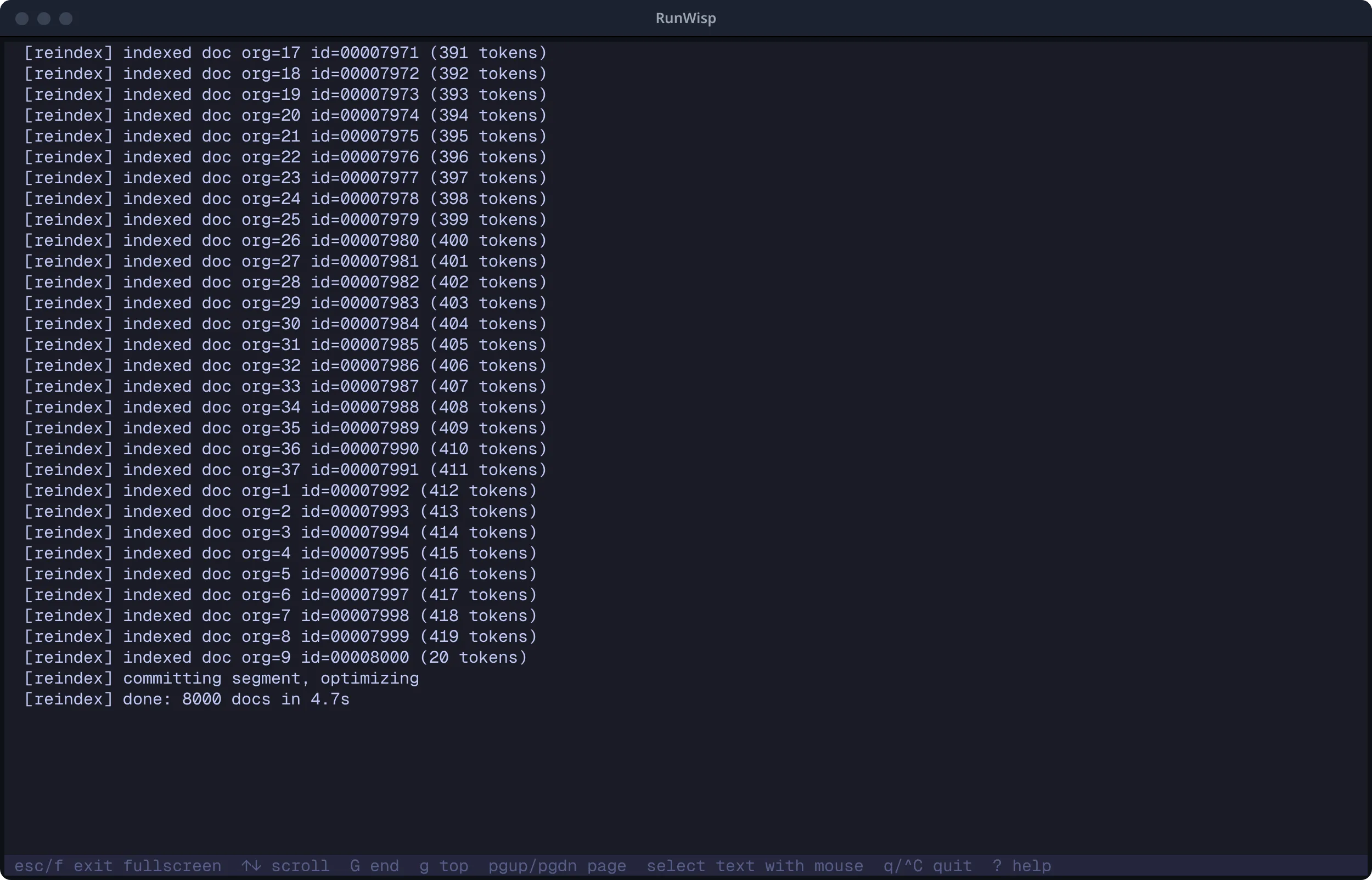 TUI fullscreen log view: no sidebar, no header, pure log lines filling the terminal.