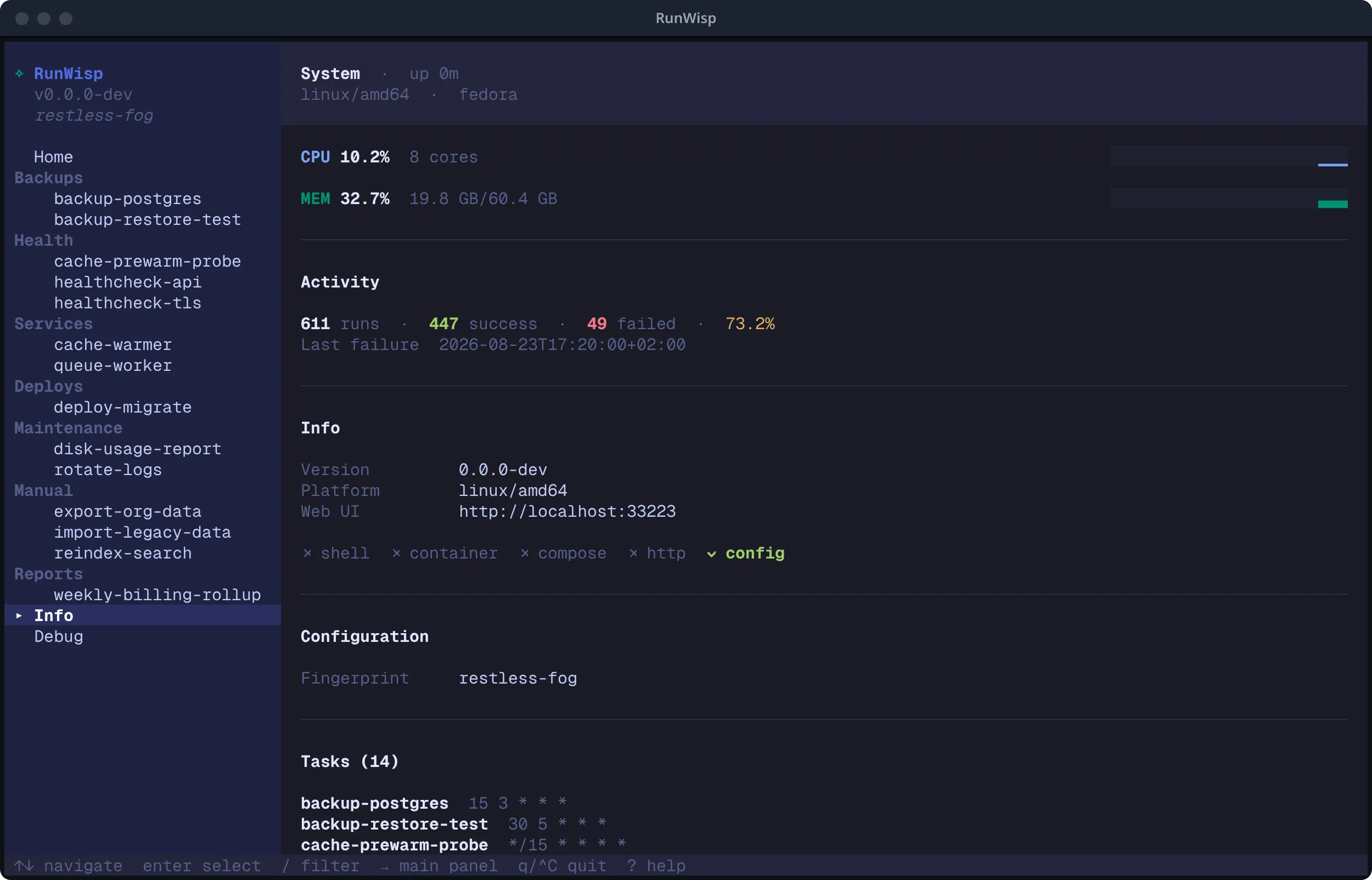 TUI Info page: CPU and memory sparklines, activity summary, version and platform details, configuration checkmarks, and task list.
