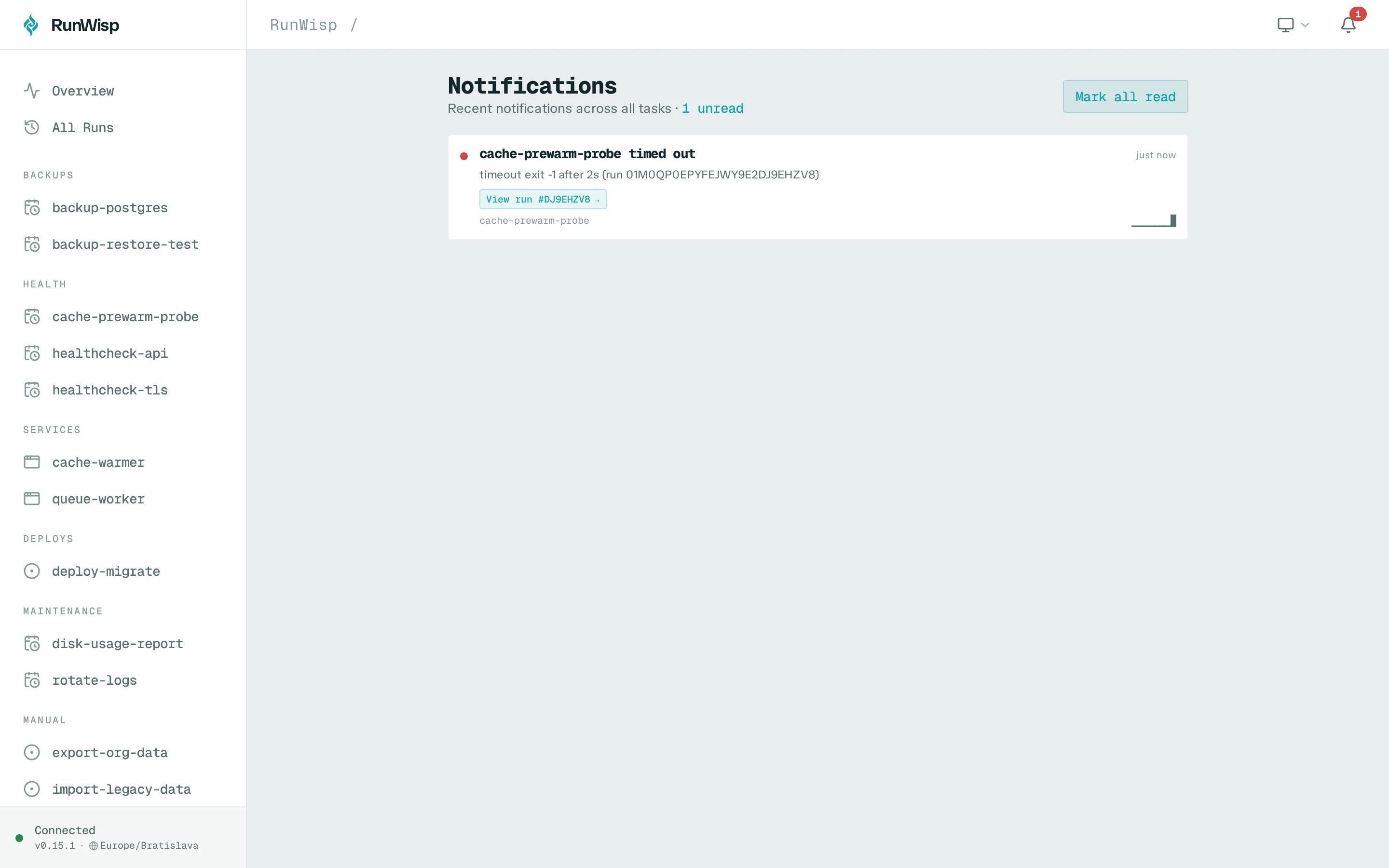 The full /notifications page: history across all tasks with the unread count at the top.