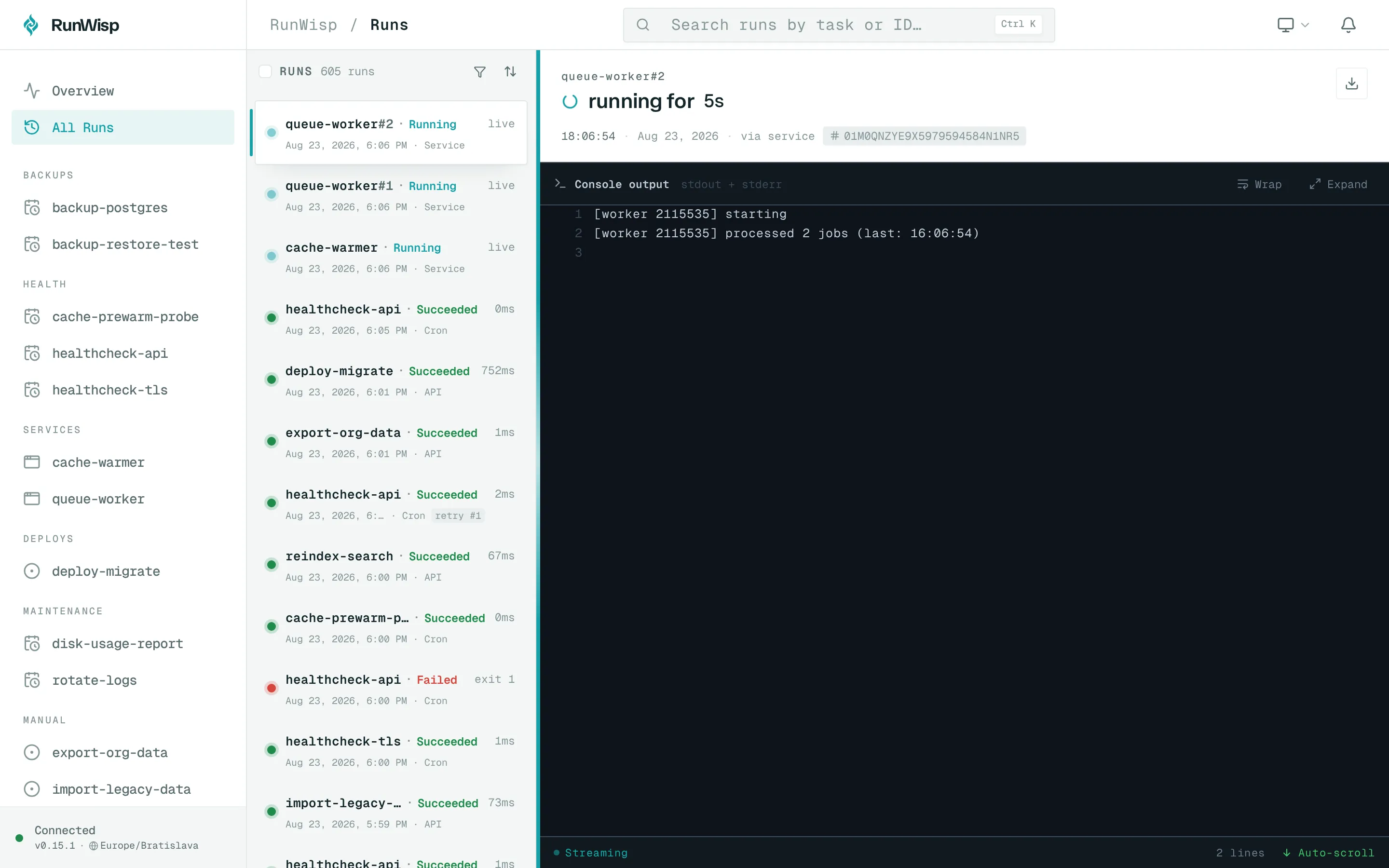 All Runs page: flat newest-first table of recent runs across every task with status icons, durations, and timestamps.