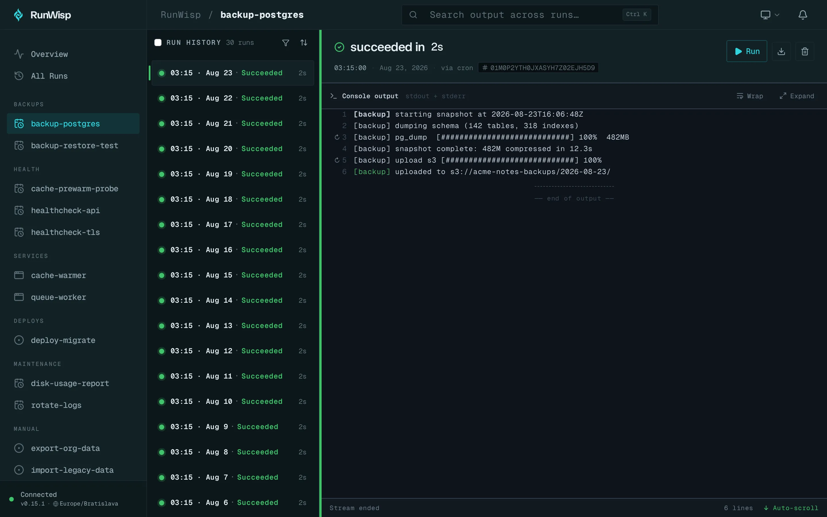 Task detail for a finished run: header with Run Task button, run history list on the side, log viewer occupying most of the pane.