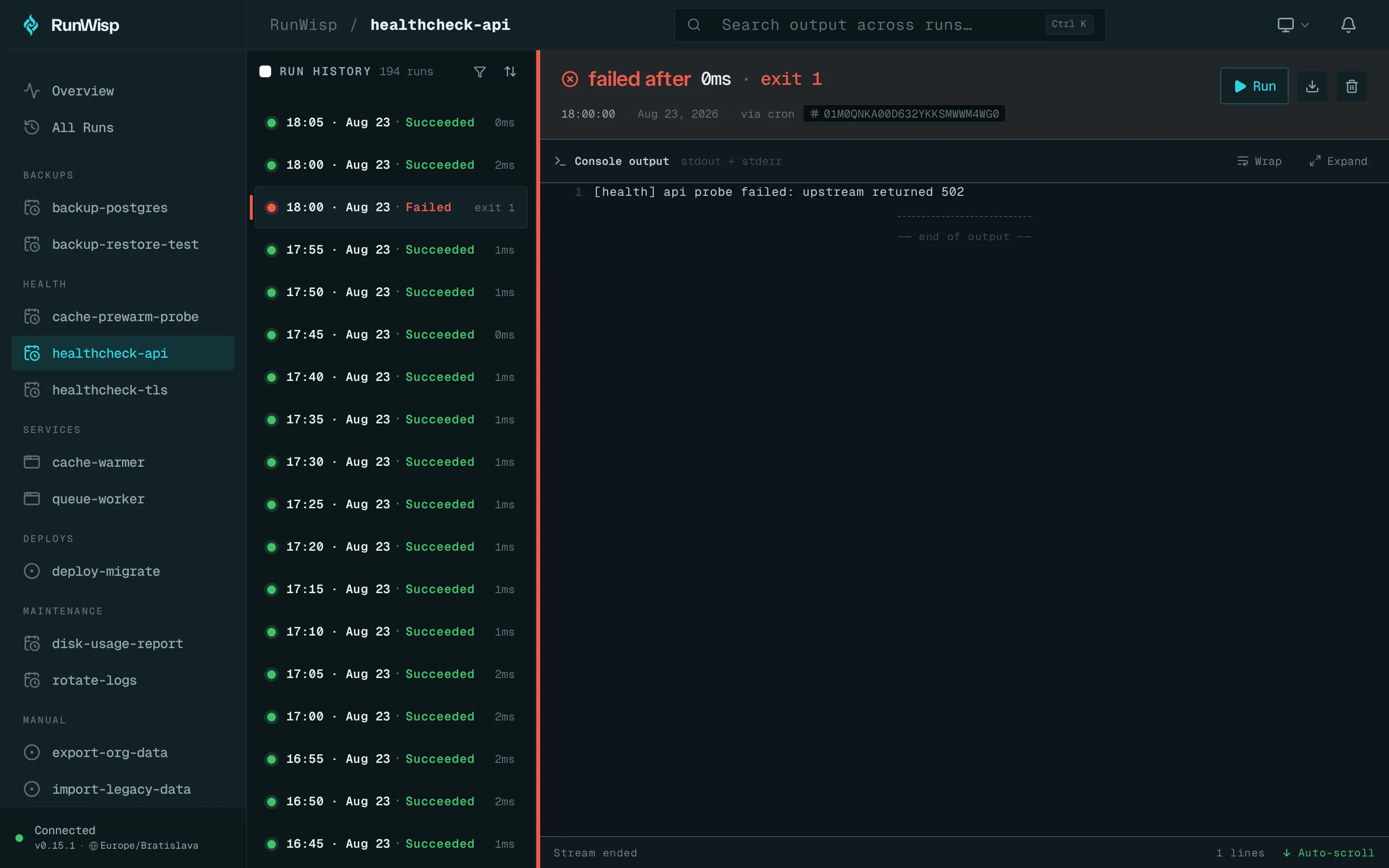 Task detail for a failed run: red FAILED status pill in the header, exit code next to duration, captured stderr filling the log pane.