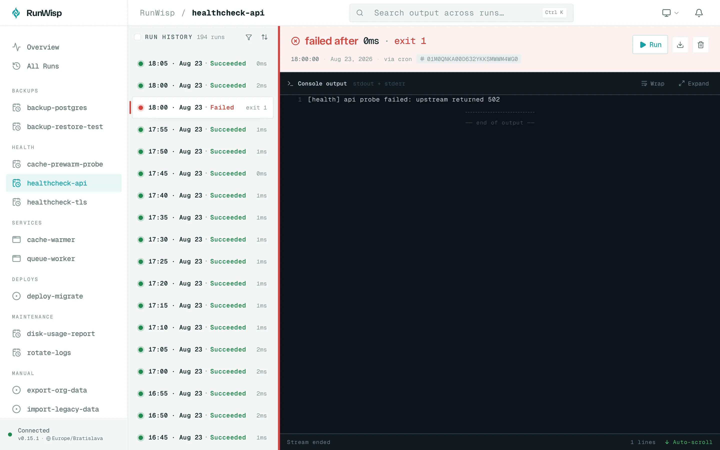 Task detail for a failed run: red FAILED status pill in the header, exit code next to duration, captured stderr filling the log pane.